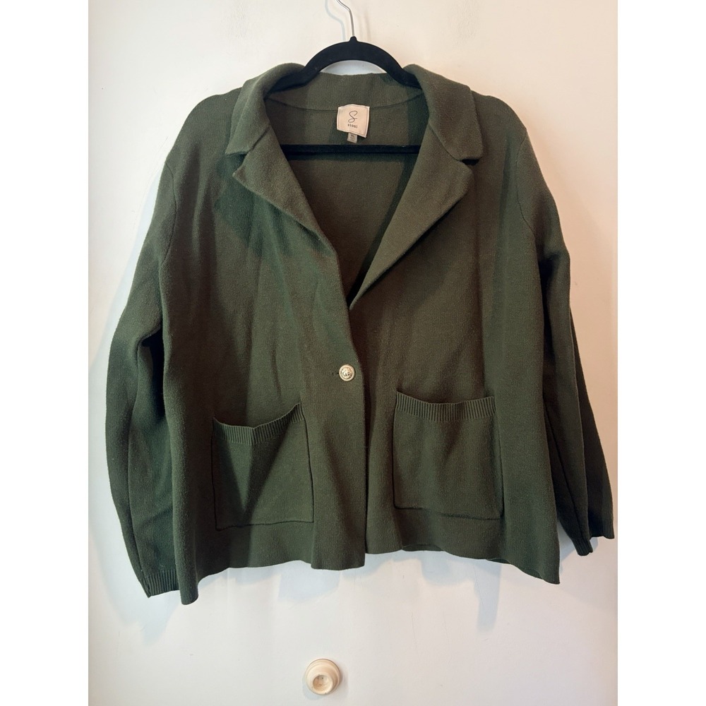 Sioni XL Olive Green Knit Blazer Cardigan Sweater Jacket‎ Open Front Pockets